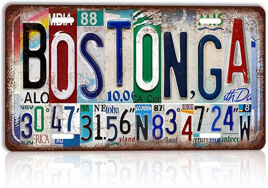 Vintage City License Plate Boston,GA Wall Decor Metal Tin Sign for Bar Home Bedroom 12 x 6 Inches （Including latitude and longitude）