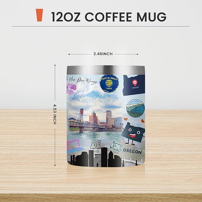 12oz Coffee Mug Oregon State Insulated Coffee Cups, United States Map Travel Mug Landmark, Birthday Gifts Cute Mugs with Lid and Straw Gifts for Mom
