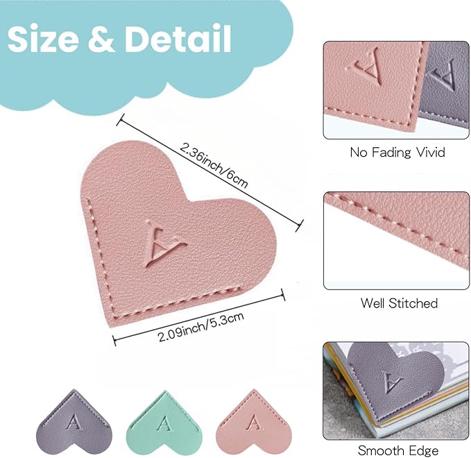 MOTEERLLU Personalized Leather Heart Bookmark with Initial, Cute Letters Custom Corner Book Mark for Reading Women, Teacher, Student, Book Lovers Gifts, Book Accessories (Pink, P)