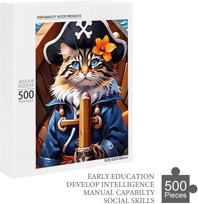 Wooden Puzzle - Classic Pirate Cat Leader Jigsaw Puzzles，Wooden Puzzles for Adults 500 Pieces Challenge Puzzles，Educational Games，Family Puzzles，Unique Gifts for Wall Art
