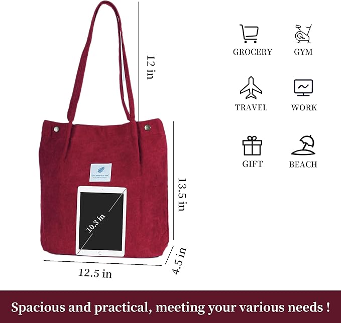 Corduroy Tote Bag Cute Tote Bags for Women Shoulder Bag with Inner Pocket for Work Beach Travel and Shopping Grocery