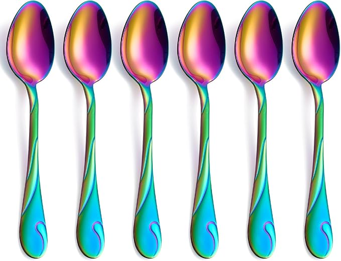 Rainbow Dinner Spoon Set, 7.6-inch Stainless Steel Spoon Silverware, 6-Piece Shiny Rainbow Soup Spoons Table Spoon, Dishwasher Safe, Set of 6