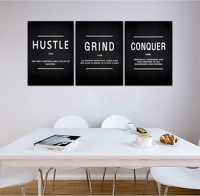 BWSPACE Inspirational Wall Decor, Motivational Canvas Wall Art, grind hustle wall art 3 Pieces Wall Art Decorations for Office Living Room and Bedroom Decor (48" W x 24" H, HGC)