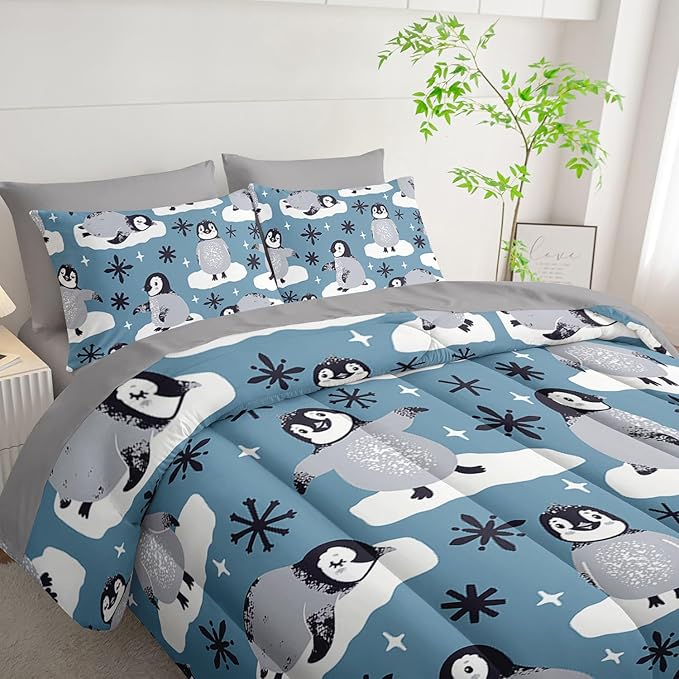 7Pcs Comforter Set Cartoon Penguin Black Snowflakes Printed Bedding Set with 1 Comforter,1 Flat Sheet,1 Fitted Sheet and 4 Pillowcases for Boys and Girls Bedroom All Season(Full)