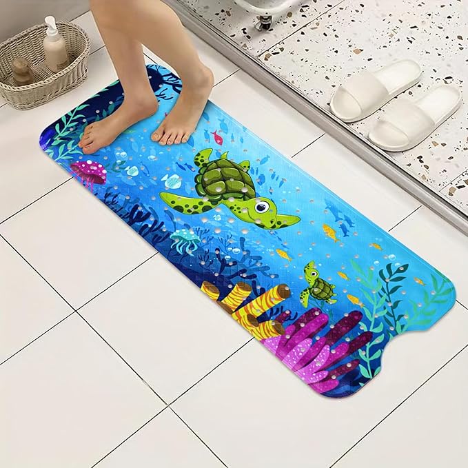 Vanleonet Baby Bath Mat for Tub, 40''x17'' Extra Long Bathtub Mat Non Slip, Bathtub Mat Non Slip Kids with Suction Cups & Drain Holes, Machine Washable, Sea Turtle