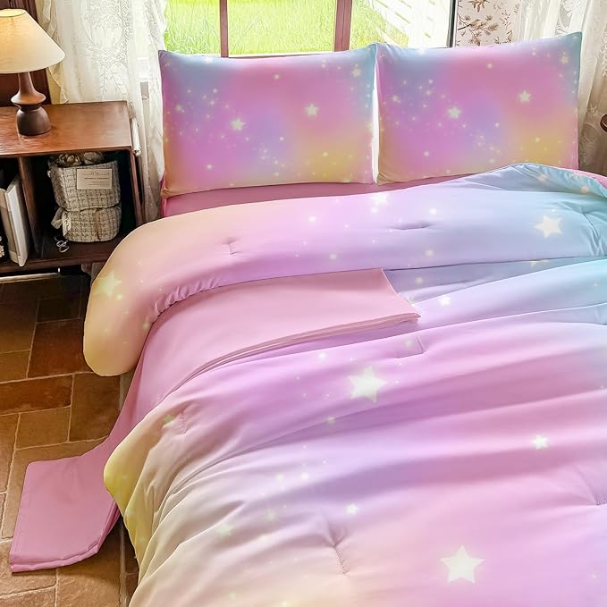 Rainbow Bedding Set Full Size – 5 Piece Reversible Girls Comforter with Deep-Pocket Sheet, Gradient Galaxy Design, Whole-Piece Filling, Machine Washable Bed-in-a-Bag for Kids Room Makeover & Gifts