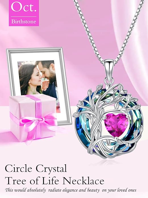 TOUPOP Tree of Life Birthstone Necklace 925 Sterling Silver Pendant Austrian Crystal Jewelry Anniversary Valentine's Day Birthday Gifts for Women Mom Her Wife