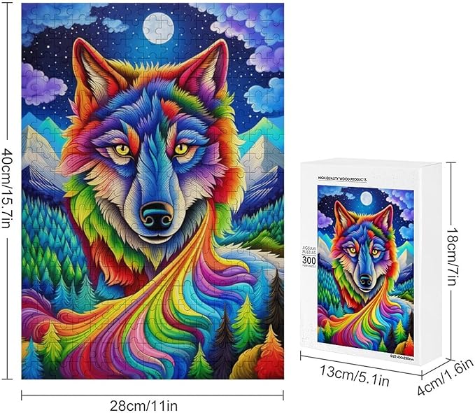 Wooden Puzzle - Colorful Wolf Jigsaw Puzzles，Wooden Puzzles for Adults 300 Pieces Challenge Puzzles，Educational Games，Family Puzzles，Unique Gifts for Wall Art,Funnny Puzzles