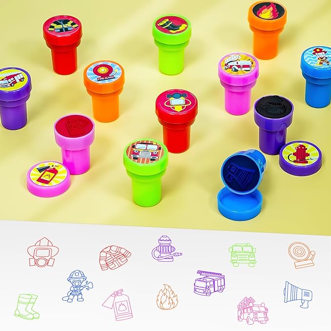 Cinrobiye 24 Pcs Fire Truck Party Stampers,Firefighter Party Supplies, Fire Fireman Birthday Party Favors, Classroom Rewards Carnival Prizes, Goodie Bag Pinata Fillers