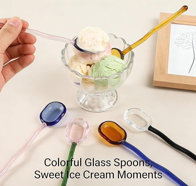 Glass Spoons 5/6 Pieces - 6.1 inch Crystal Coffee Teaspoons, Heat Resistant Long Handle Glass Drink Stirrers, Colored Translucent Spoons for Tea, Sugar, Yogurt, Dessert, Soup, Home Bar Party (5)