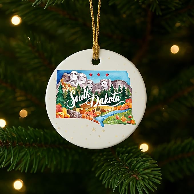 USA State Landmark Ceramic Ornament – Round Glossy Christmas Decoration Featuring U.S. State Art, Landmarks & Holiday Scenery – Collectible Travel Souvenir Ornament Series (South Dakota)