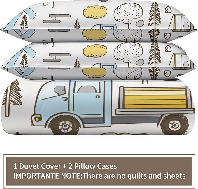 Cartoon Excavator Truck Duvet Cover Oversized King Construction Vehicles Bedding Set Forest Road Construction Comforter Set Hand-Drawn Kids Engineering Vehicle Quilt Cover With Zipper Ties for Bedroom