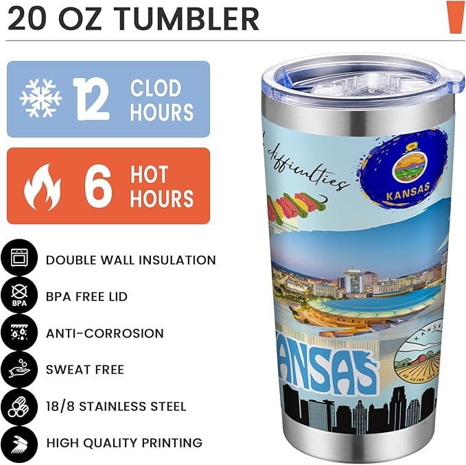 20oz Insulated Tumbler Kansas State Coffee Mug, United States Map Travel Mug Landmark, Birthday Gifts Cute Custom Tumbler Cups with Lid and Straw Mothers Day Gifts