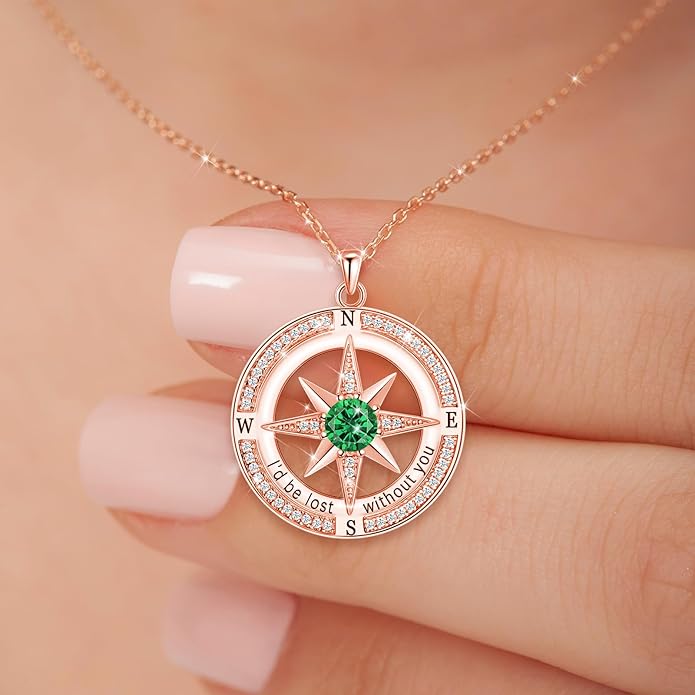 S925 Necklace Birthstone Compass Gift for Women Jewelry Sterling Silver Necklace for Wife Wedding Anniversary Girlfriend Birthday Gifts for Her Valentines Day Mom Mothers Day