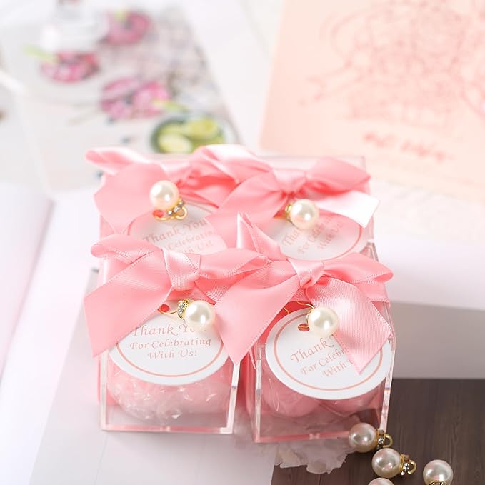 ACITHGL 30 Sets Fully Assembled Small Bubble Candle Party Favors for Guests Bulk Bridal Showers Favors Candles with Stylish Ribbons Thank You Cards Gifts (Pink)