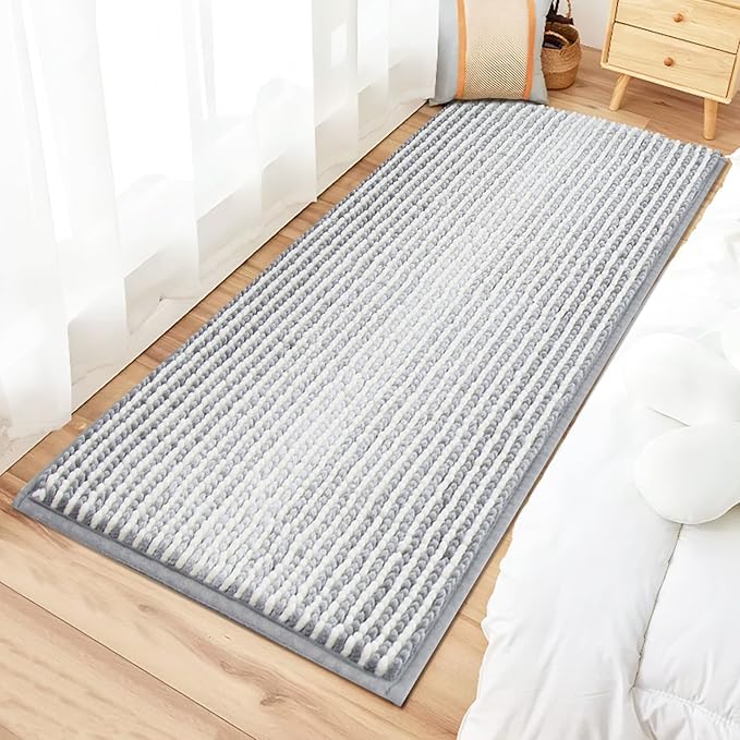 HDFK Bath Mat & Bathroom Rug - Wide Chenille Soft, Super Absorbent Non-Slip Shower Carpet Machine Washable with Hot Melt Adhesive Base, Striped Design for Bathtub Floors (47x20 Inch, Gray & White)