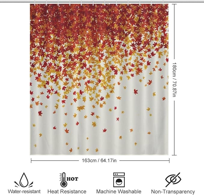 Fall Autumn Shower Curtain Maple Leaves Orange Red Leaf Harvest Waterproof Washable Fabric Bathroom Shower Curtains for Bathroom Decorations Home Indoor Decor 64x72Inch