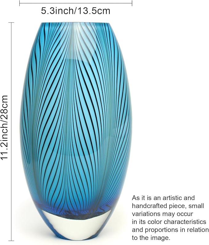 Ca D Oro Murano Style Glass Vase Blue Feather Pattern Hand Blown Art Glass for Flower, Room Decoration and Centerpiece - Model 54 MS
