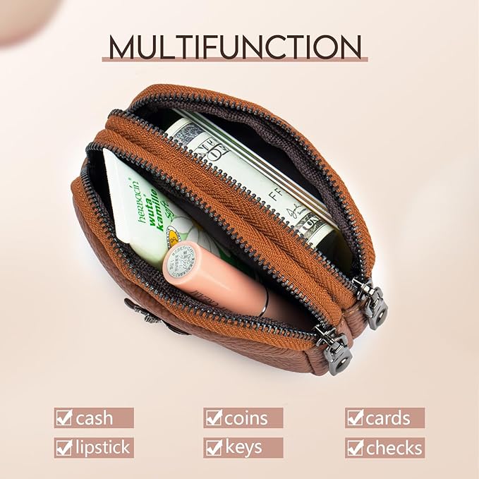 imeetu Women Leather Coin Purse, Small 2 Zippered Change Pouch Wallet