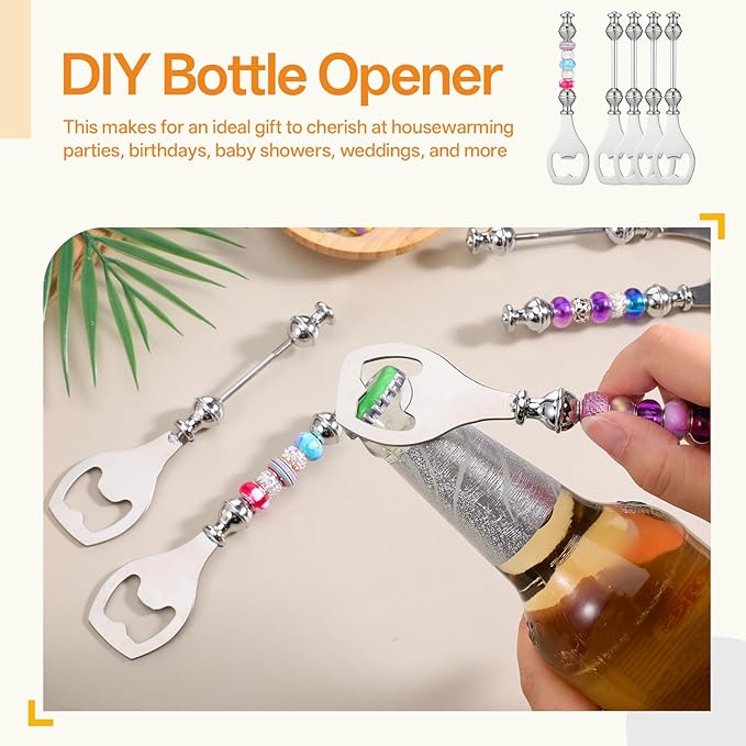 20pcs Beadable Beer Opener Reusable Bottle Opener Decorative for Bartenders DIY Flat Beer Bottle Openers Beaded Bottles Openers DIY Bead Metal Silver Wine Stoppers for Crafts Fall Bar Party Favor
