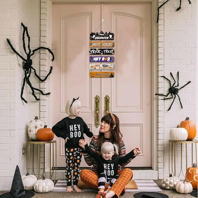 CHDITB Happy Halloween Wooden Sign, Spooky Ghosts Goblins Wood Hanging Plaque, Halloween Front Door Sign, Festive Wall Art Sign Hanger, Seasonal Holiday Wall Decor for Outdoor Porch Yard Party Decor
