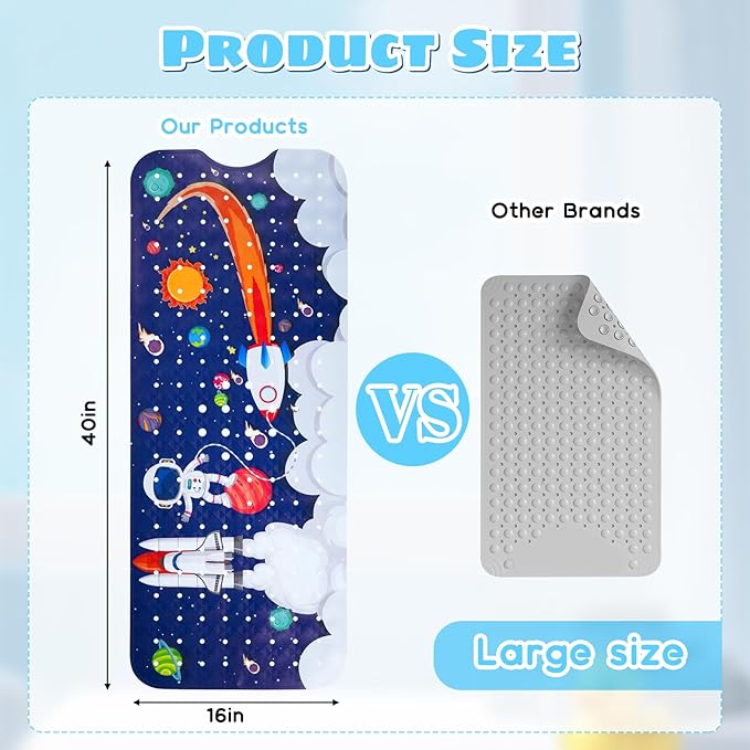 Baby Bath Mat for Tub Non Slip Kids Bathtub Mat Extra Long 40X16 Inch Toddler Bath Tub Shower Mat Anti Slip with Suction Cups & Drain Holes, Machine Washable (Space)