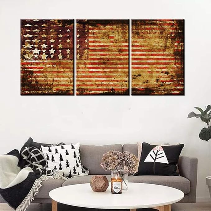 American Flag Wall Decor Patriotic Pictures Grunge Stars Stripe Paintings 3 Piece Canvas Wall Art for Living Room Contemporary Artwork Home Decor Framed Ready to Hang Posters and Prints(60''Wx28''H)