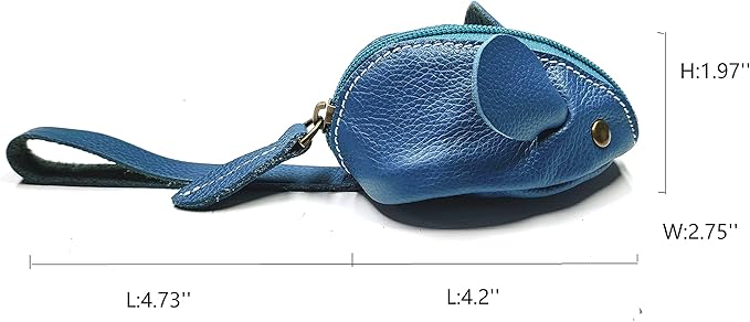 Genuine Leather Mouse Coin Purse Wallet, Womens Change Purse with Zipper, Cute Soft Leather Coin Pouch Mini Size (Blue)