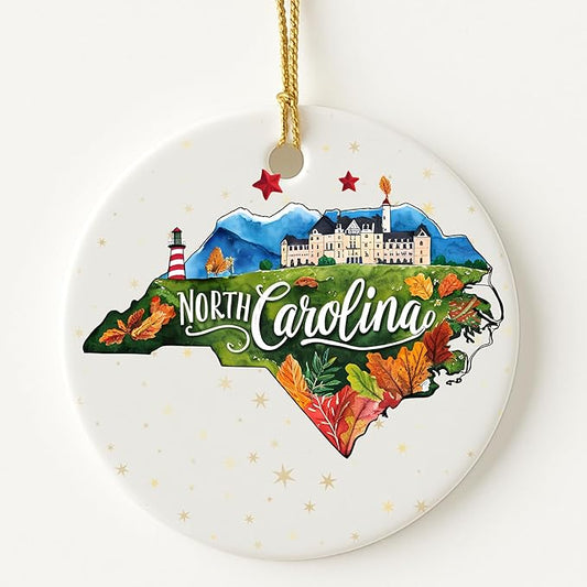 USA State Landmark Ceramic Ornament – Round Glossy Christmas Decoration Featuring U.S. State Art, Landmarks & Holiday Scenery – Collectible Travel Souvenir Ornament Series (North Carolina)