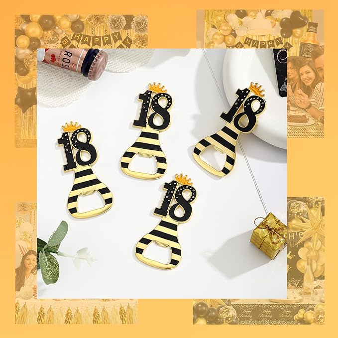 24pcs 18th Gold Keychain Bottle Opener 18th Birthday Party Favors, 18 Keychain Beer Bottle Opener Favors Anniversary Souvenirs Return Gifts for Guests Party Decor Supplies (black 18)
