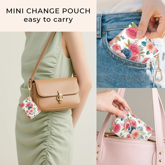 Watercolor Floral Keychain Coin Purse for Women, Small PU Leather Change Pouch, Zipper Little Tiny Travel Wallet for Girls, Cute Kawaii Zip Pocket Coin Holder with Key Ring
