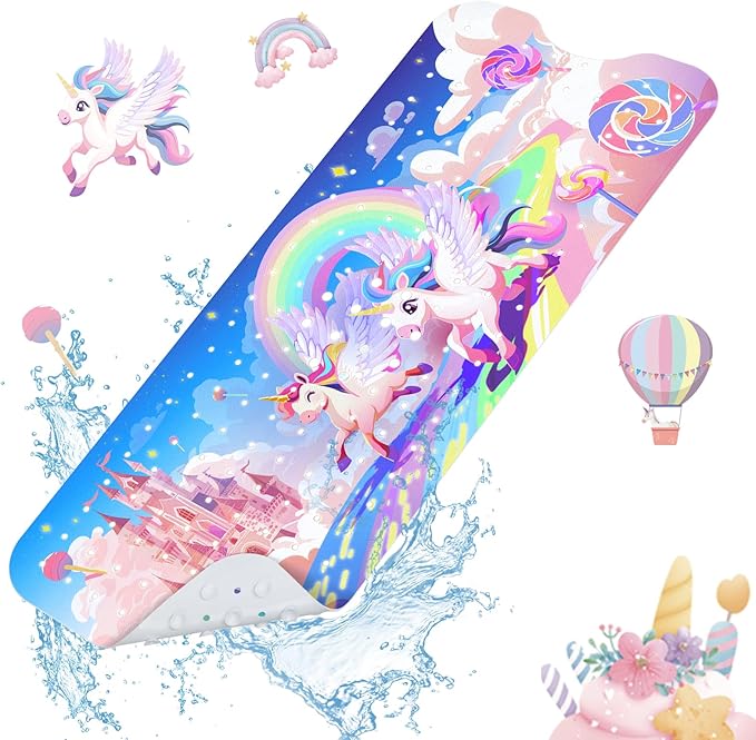 SHUCHING Baby Bath Mat for Tub Non Slip-40 X 16 Inch, Extra Long Kids Bathtub Mat Non Slip, Girl Shower Mat Anti Slip for Bathroom, Machine Washable,Rainbow Unicorn