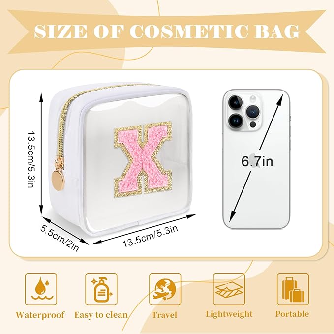 Personalized Initial Letter Clear Preppy Makeup Bag,Mini Nylon Chenille Letter Cosmetic Bag Cute Zipper Pouch Purse for Teen Girls,Portable TSA Approved Beach Travel Essentials Bag Gift for Women,X