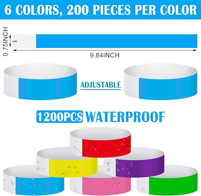 Tudomro 1200 Pack Plastic Paper Wristbands for Events Neon Party Wrist Bands Colored Waterproof Concert Identification Hand Bands Lightweight Adhesive Wristband(Yellow, Green, Blue, Red, Purple, Pink)