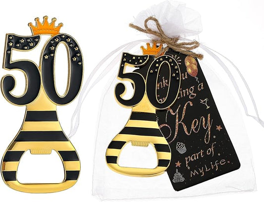 24pcs 50th Gold Keychain Bottle Opener 50th Birthday Party Favors, 50 Keychain Beer Bottle Opener Favors Anniversary Souvenirs Return Gifts for Guests Party Decor Supplies (black 50)