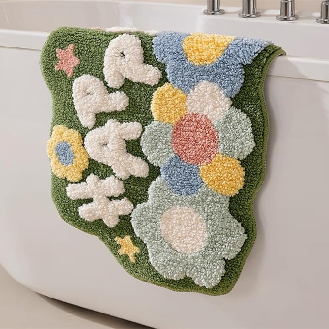 Ankah Shower Rug Bath Mat Forest Series Cartoon Design Bathroom Rug, Fluffy, Soft, Non-Slip, Durable, Absorbent Bath Rug, Irregular Plant Shaped Door Mat and Carpet, 17.7" x 29.5", Happy