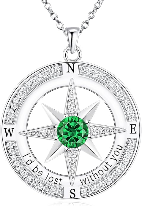 S925 Necklace Birthstone Compass Gift for Women Jewelry Sterling Silver Necklace for Wife Wedding Anniversary Girlfriend Birthday Gifts for Her Valentines Day Mom Mothers Day