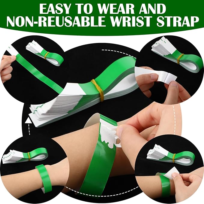 Tudomro 1200 Pack Plastic Paper Wristbands for Events Neon Party Wrist Bands Colored Waterproof Concert Identification Hand Bands Lightweight Adhesive Wristband(Neon Green)