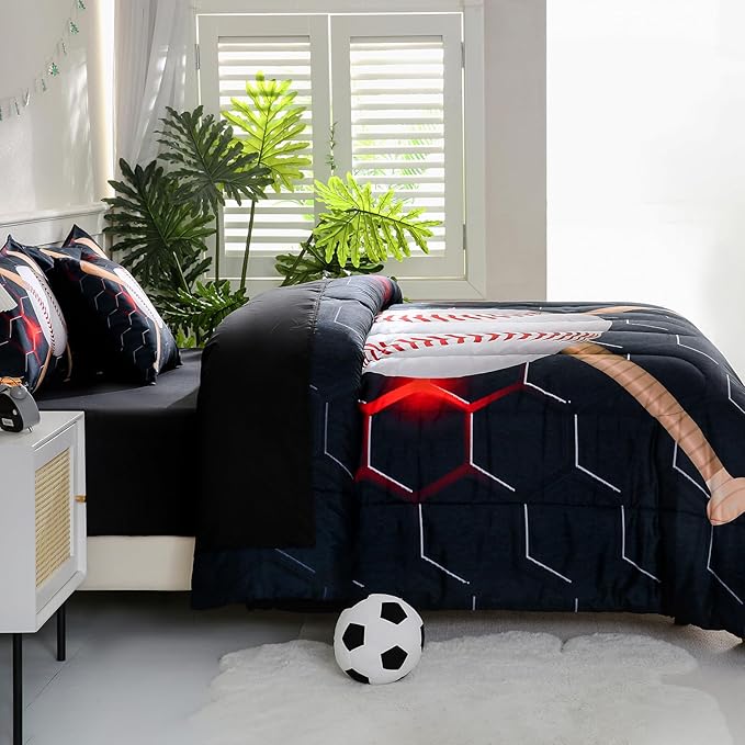 6pcs Baseball Twin Bedding Sets for Boys,Sports Black Twin Size Comforter Set with Sheets for Boys Kids Teens
