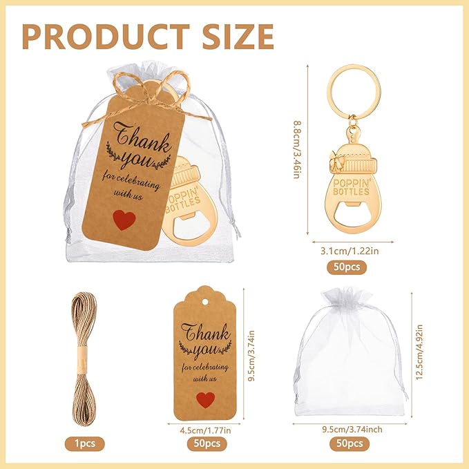 50Pcs Popping Bottle Openers Baby Shower Return Favors for Guests Bottle Opener Decorations and Souvenirs Baby Bottle Shaped Bottle Opener with Organza Bags Thank You Tags for Theme Decoration