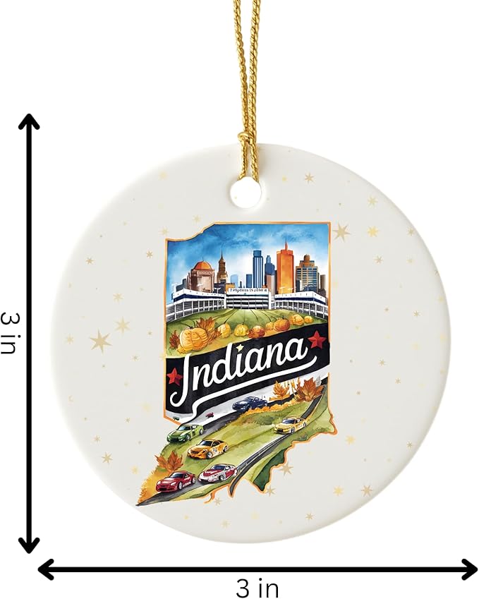 USA State Landmark Ceramic Ornament – Round Glossy Christmas Decoration Featuring U.S. State Art, Landmarks & Holiday Scenery – Collectible Travel Souvenir Ornament Series (Indiana)