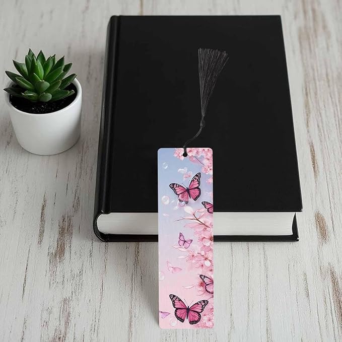 Cherry Blossoms Bookmarks 5 Pcs with Tassels Pink Butterflies Wooden Bookmarks for Reading Women Students Teacher Reader