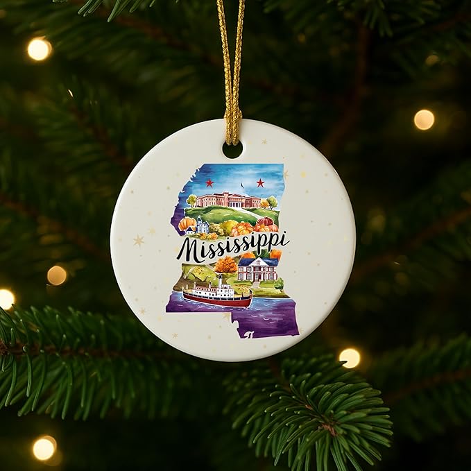 USA State Landmark Ceramic Ornament – Round Glossy Christmas Decoration Featuring U.S. State Art, Landmarks & Holiday Scenery – Collectible Travel Souvenir Ornament Series (Mississippi)