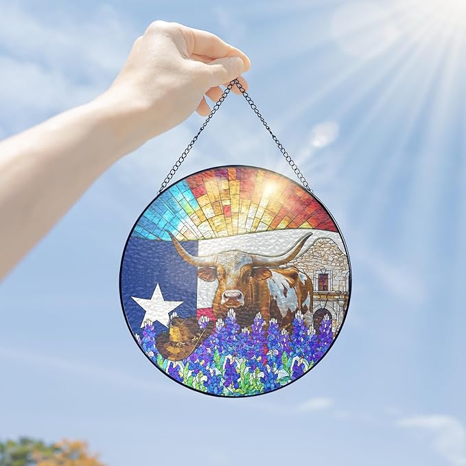 FLAGWIX Texas Gifts for Women Men - Stained Glass Window Hanging 10 in - Sun Catchers Indoor Window for Garden Decor, Texas Themed Gifts for Mom Dad Texans Friends, Sun Catcher for Door Home Decor
