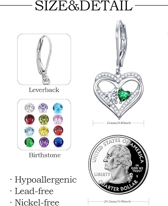 Heart Leverback Earrings Double Birthstone Dangle Earrings for Women, Love Jewelry for Her, Christmas Gifts for Women, Anniversary Birthday Gift for Mom Wife Girlfriend