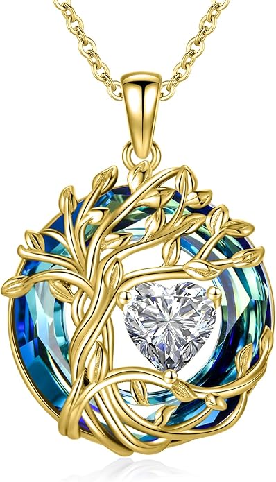 TOUPOP Tree of Life Birthstone Necklace 925 Sterling Silver Pendant Austrian Crystal Jewelry Anniversary Valentine's Day Birthday Gifts for Women Mom Her Wife