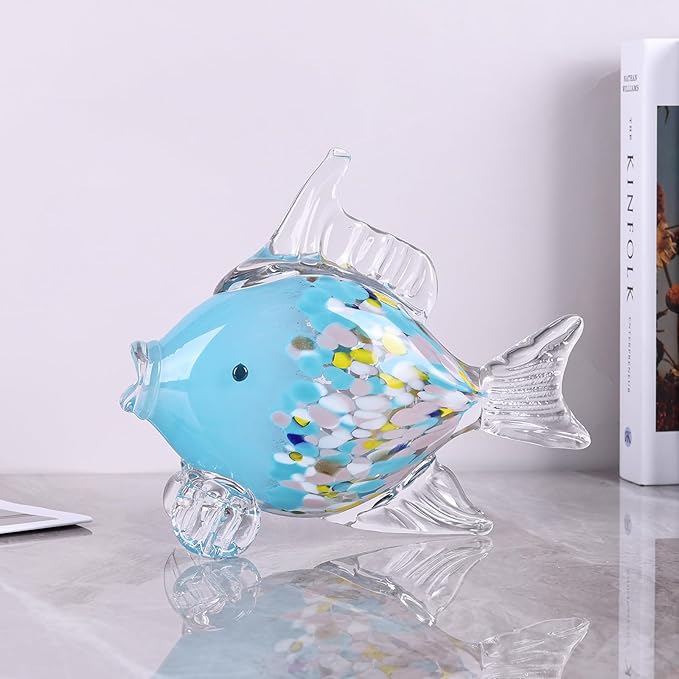 Large Glass Fish Figurine for Home Decor, Hand Blown Art Glass Ocean Animal Statue, Decorative Coastal and Beach Themed Sculpture for Table, Shelf, Bathroom, Living Room or Office