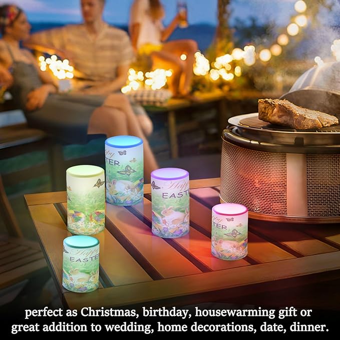 Easter Bunny Eggs Spring Flowers and Butterfly Flickering Flameless Candles Battery Operated with Remote Timer,Tea Light Candles LED Pillar Votive Candles set of 2 for Outdoor Indoor Decorations