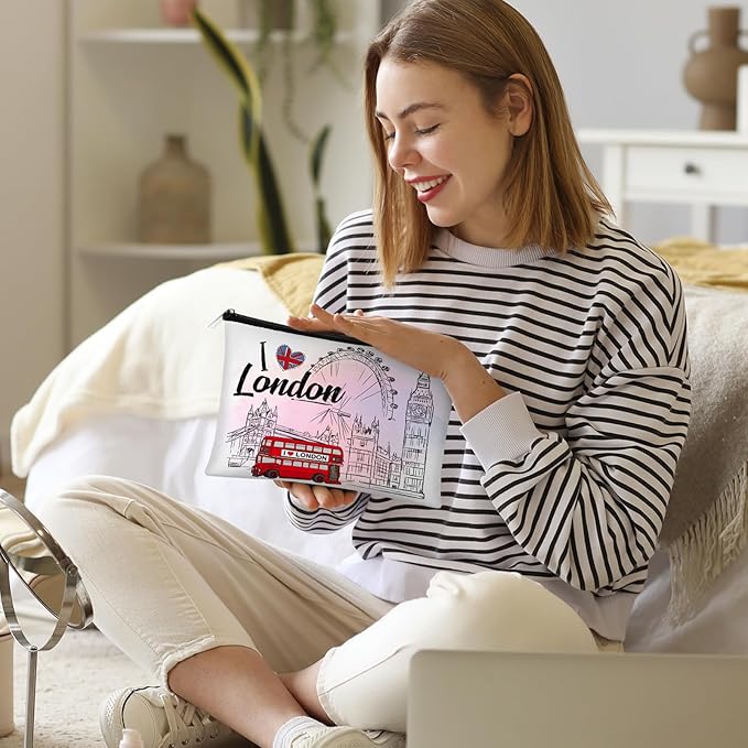 Reginary 6 Pcs City Cosmetic Bag Souvenir Gifts New York Zipper Pouch Chicago Souvenir Seattle Boston Nashville London Paris Italy Alaska Gifts Memento for Women Traveler(London)