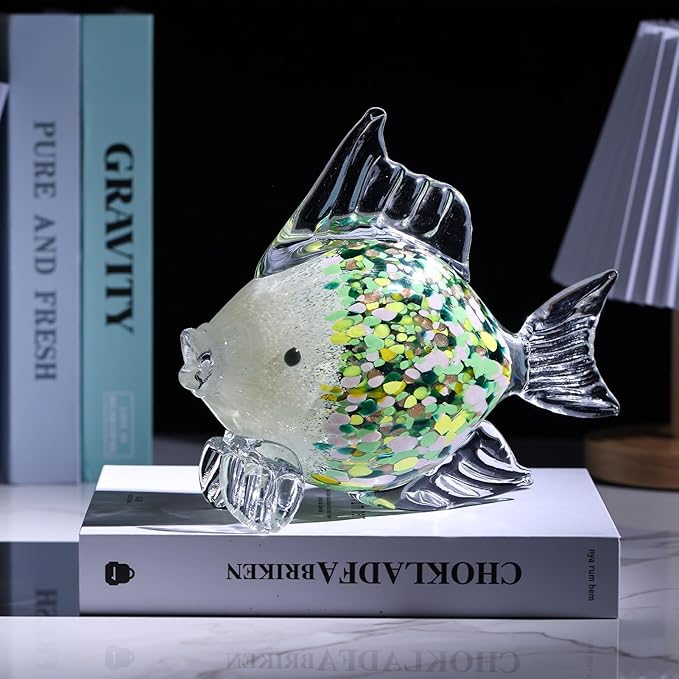 Green Blown Glass Fish Figurine – Handcrafted Art Animal Sculpture, Ocean Coastal Home Decor, Elegant Glass Fish Ornament for Tabletop or Bookshelf Display (D)